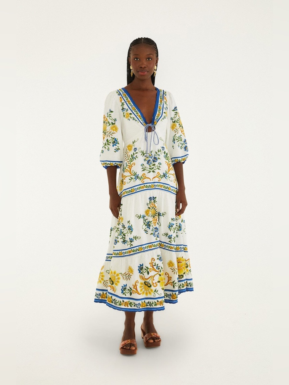 NEW FARM Rio Off-White Emily Floral Tapestry Drawstring Midi Dress